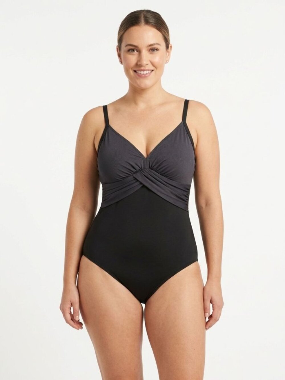 Jantzen Classics Black One Piece Swimsuit Twist Drape Front Size 12 V-Neck